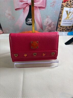MCM Hot Pink Leather Trifold Wallet with Gold Hardware